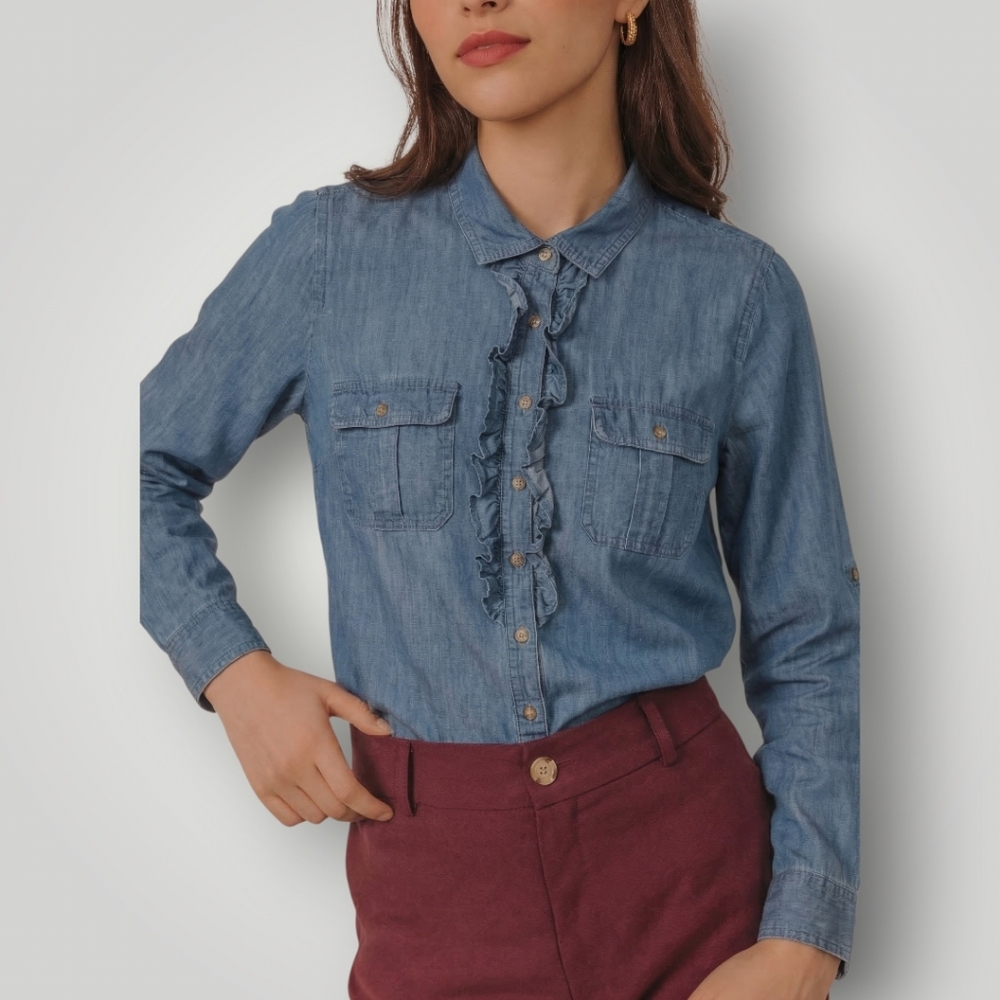 Talbots Petite MP Ruffle Front Chambray Shirt 100% Lyocell Tencel Coastal Grandm